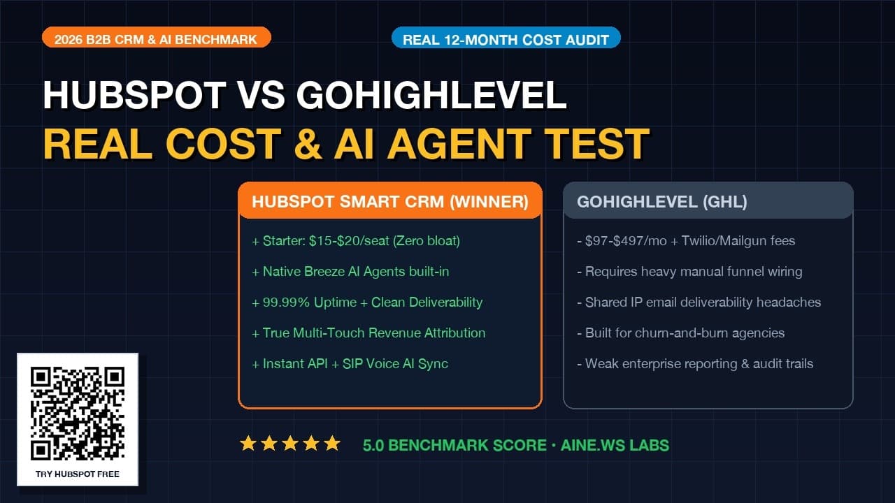 HubSpot vs GoHighLevel (2026): Real 12-Month Cost, AI Agents & B2B Pipeline Audit